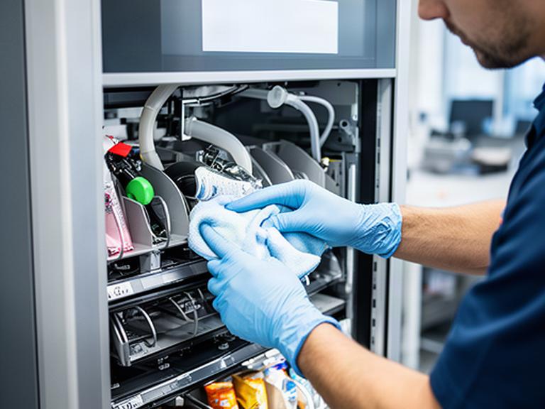 Tecnico che pulisce e controlla i componenti interni di un distributore automatico