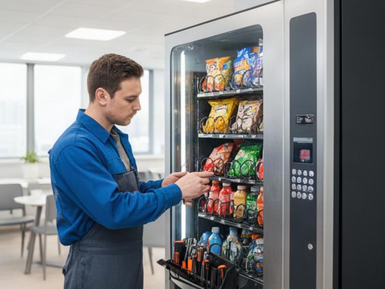 Tecnico che verifica un distributore di snack e bevande allestito in un ambiente di lavoro