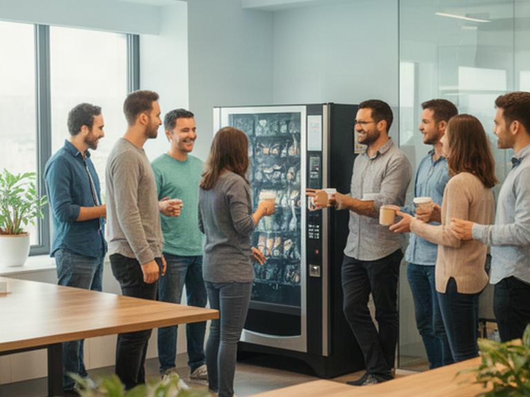 Colleghi in un ufficio moderno riuniti vicino a un distributore automatico durante una pausa