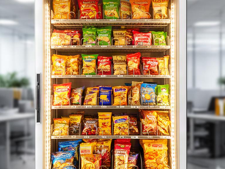 Snack confezionati ordinati in un distributore automatico luminoso per un ufficio