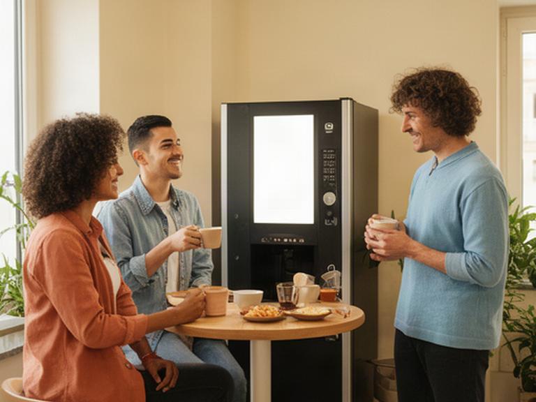 Colleghi in pausa caffè accanto a un distributore automatico in un ufficio campano
