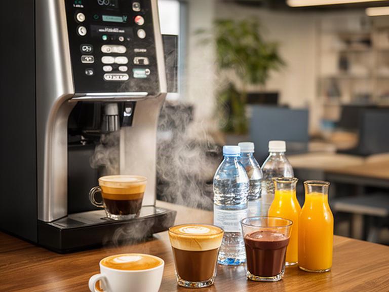 Macchina professionale per caffè espresso accanto a bicchieri di cappuccino acqua e succo