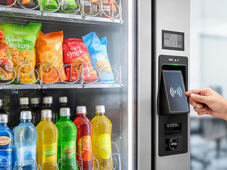 Dettaglio di prodotti confezionati esposti in un distributore automatico con pannello di pagamento