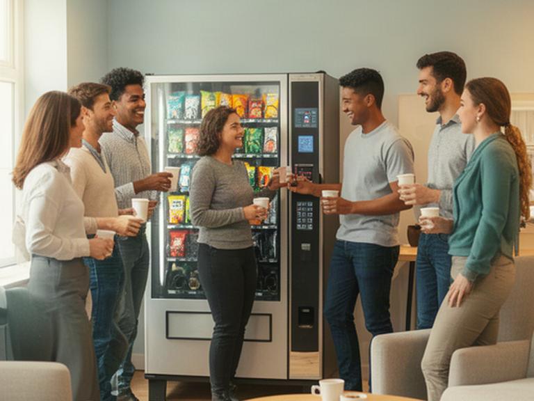 Colleghi in una sala pausa aziendale mentre scelgono una bevanda dal distributore automatico