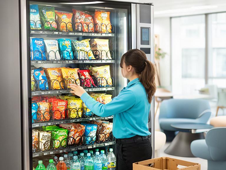 Operatore che rifornisce snack e bevande in un distributore automatico aziendale