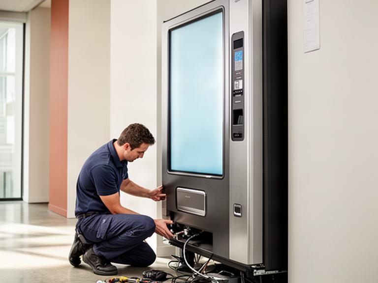 Tecnico che installa un distributore automatico accanto a una parete aziendale