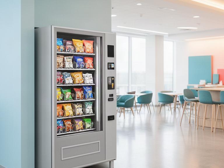 Distributore automatico di snack e bevande in una luminosa area comune aziendale