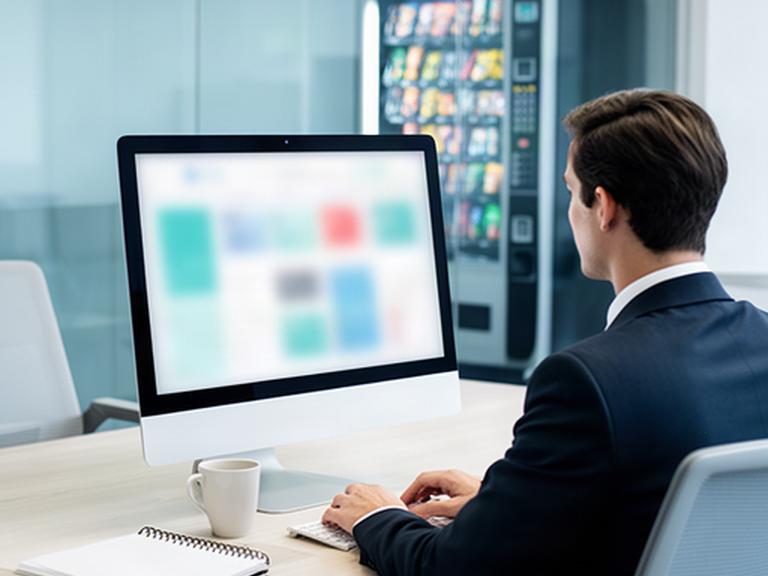 Persona che consulta il sito di un servizio vending su un computer in una sala riunioni