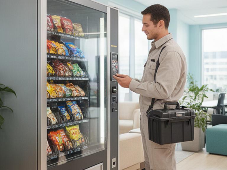 Tecnico che controlla un distributore automatico in un ufficio luminoso