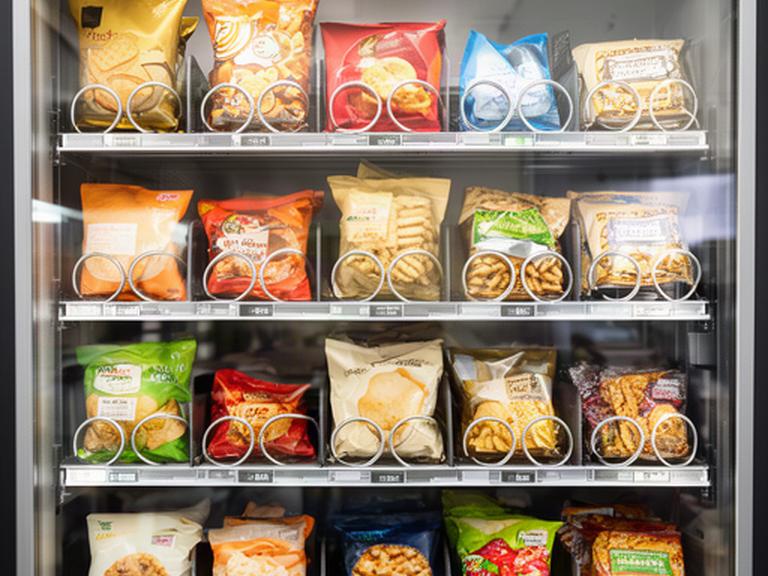 Selezione ordinata di snack confezionati in un distributore automatico