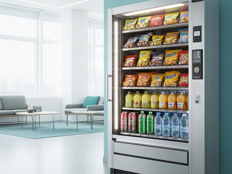 Distributore automatico moderno con snack e bevande in un ufficio luminoso di Villa Literno