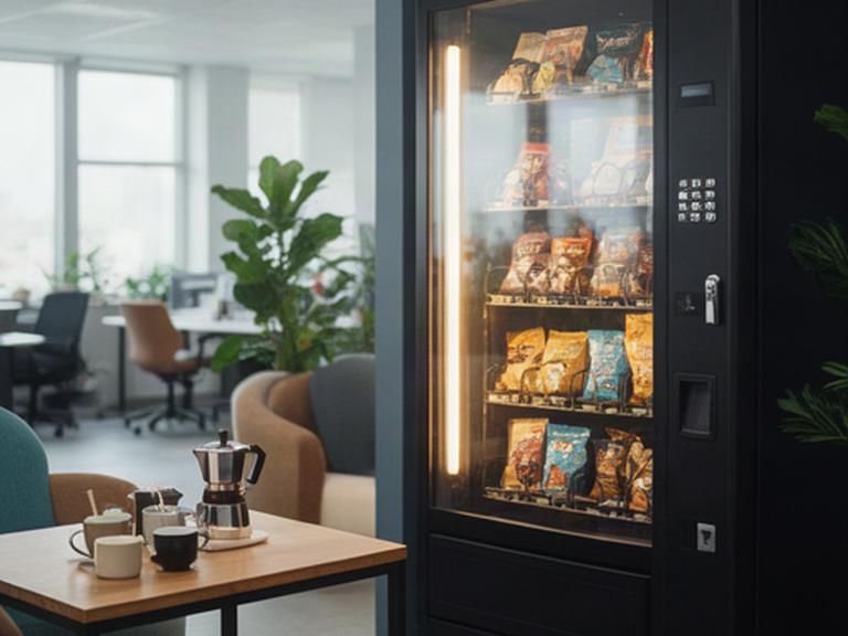 Area break di un ufficio con distributore automatico illuminato e tavolo per il caffè